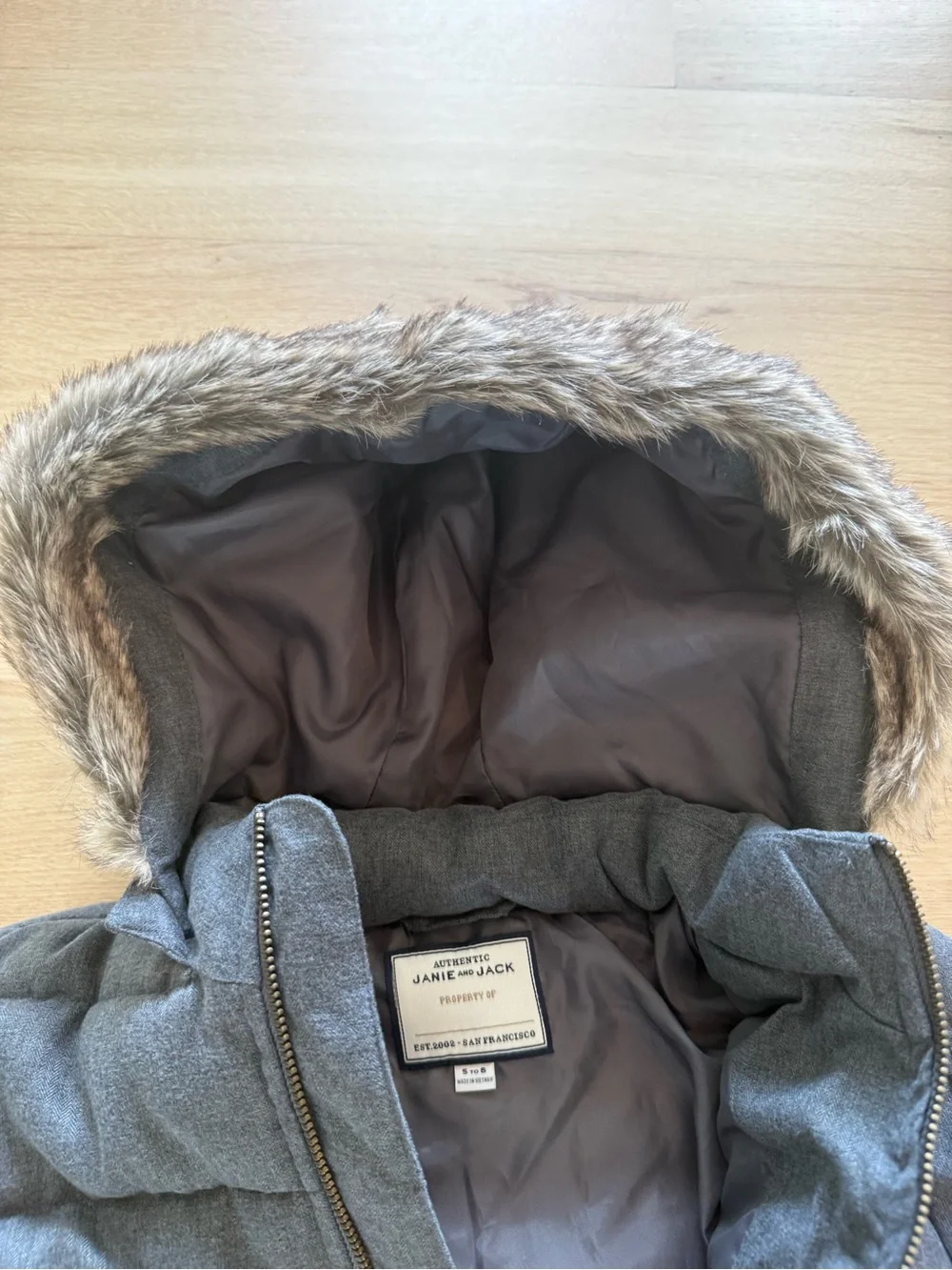 Janie and Jack Gray Quilted Hooded Puffer Jacket with Faux-Fur Trim - Sz 5-6